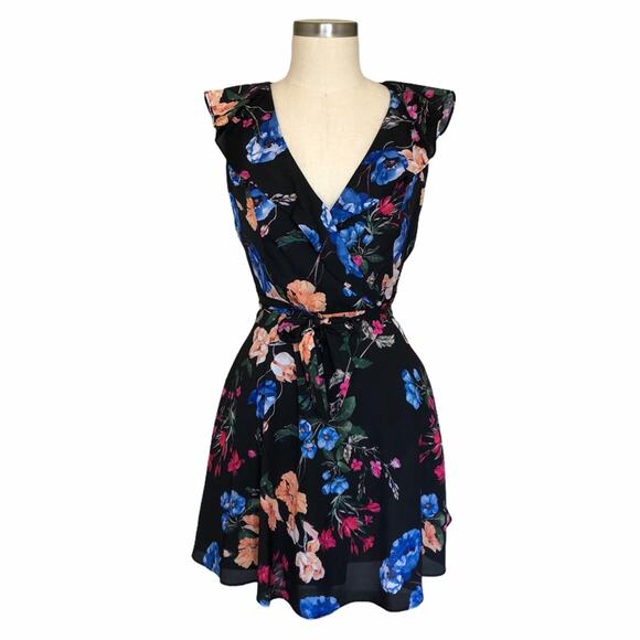PARKER Black Floral Ruffled Mini Dress Small Colorful Glam NWT - Picture 1 of 7